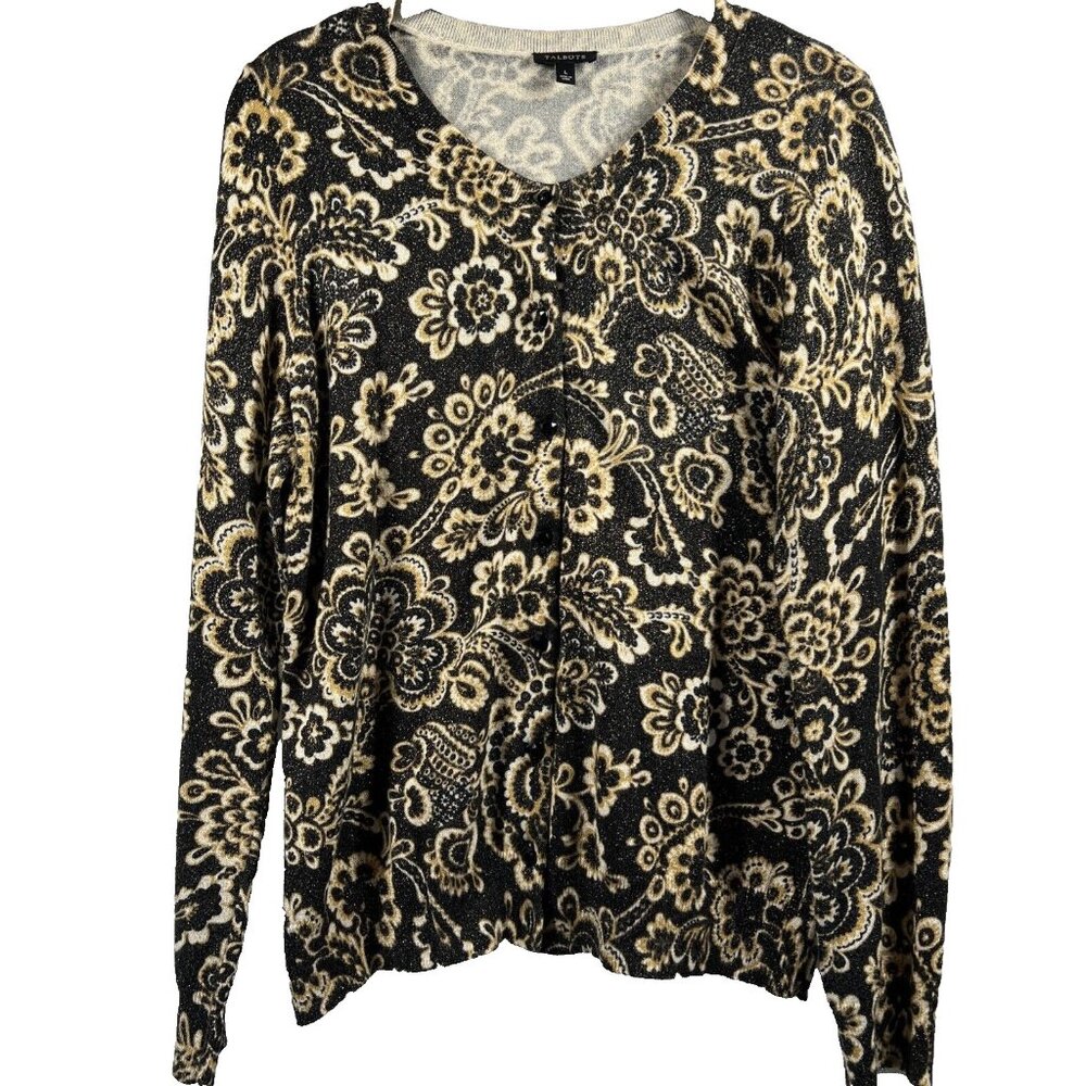 Talbots Women's Sweater Cardigan Size Large Black Gold Floral Button Up Metallic